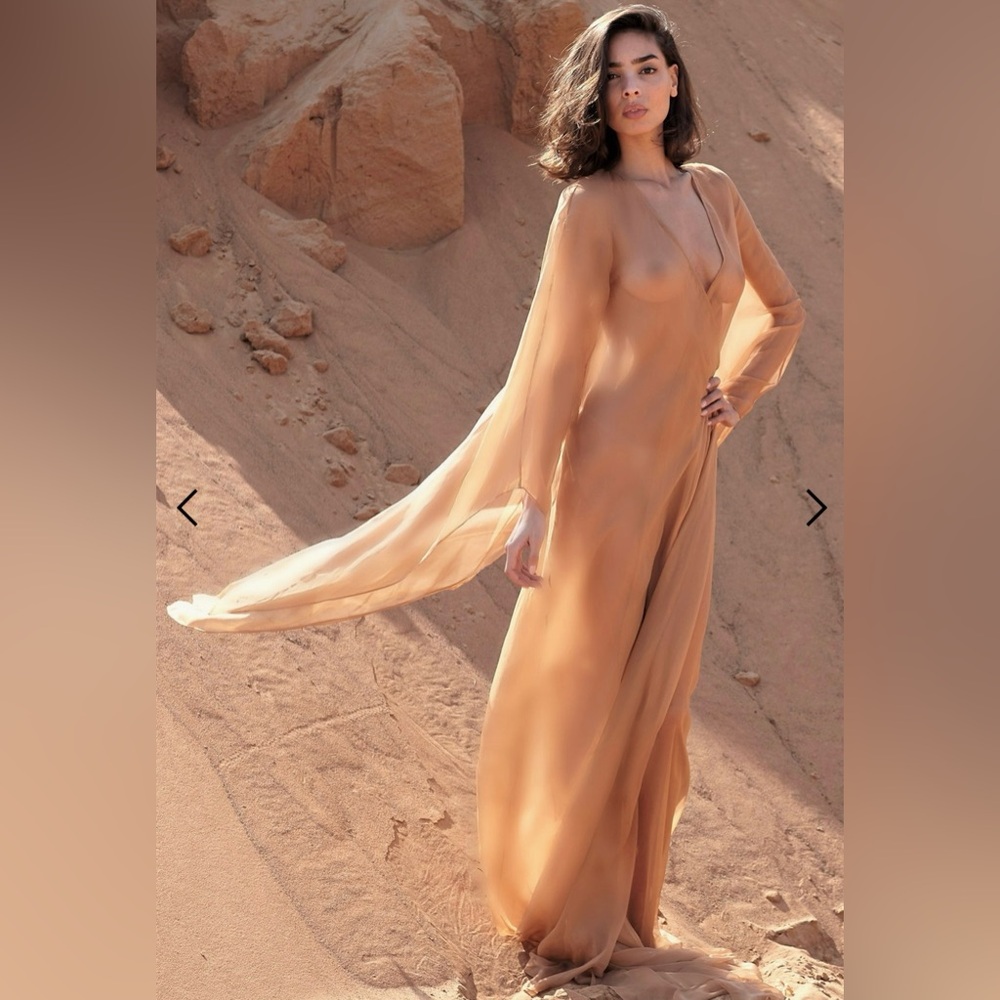 Rosamosario 100% Silk Organza Nude Robe Long Dramatic Sleeves & Train Ethereal